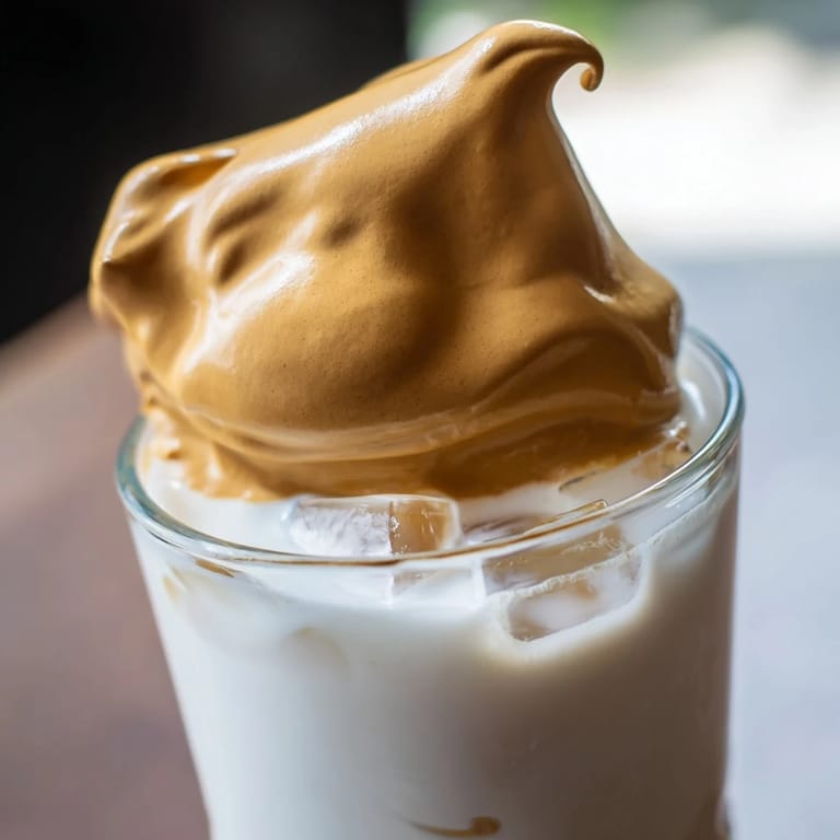 Two glasses of whipped Dalgona coffee with ice, showcasing the fluffy coffee foam and creamy milk swirls.