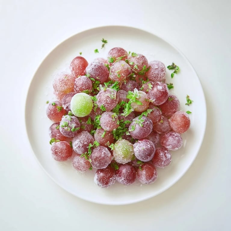 A close-up shows glistening red and green frozen grapes, ideal for a refreshing spa day snack or light dessert.