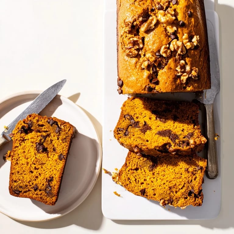 A whole pumpkin bread loaf, topped with a crackled crust, sits beside a warm slice ready for breakfast or dessert.