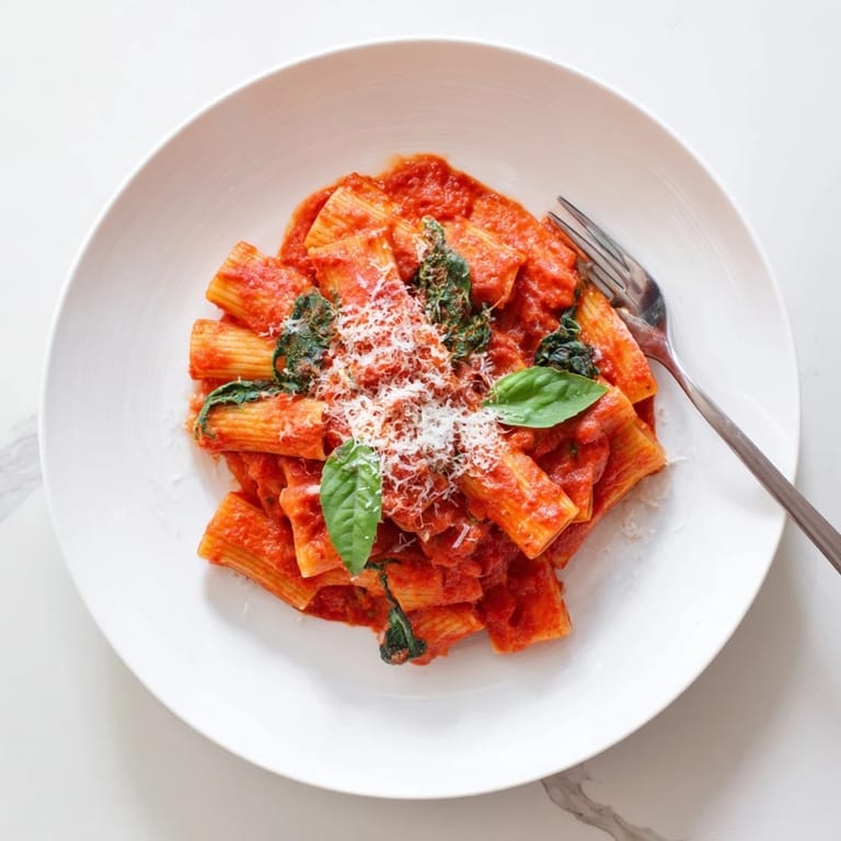 Steaming bowl of hidden veggie tomato pasta sauce served over fettuccine, with a side of garlic bread on the table.