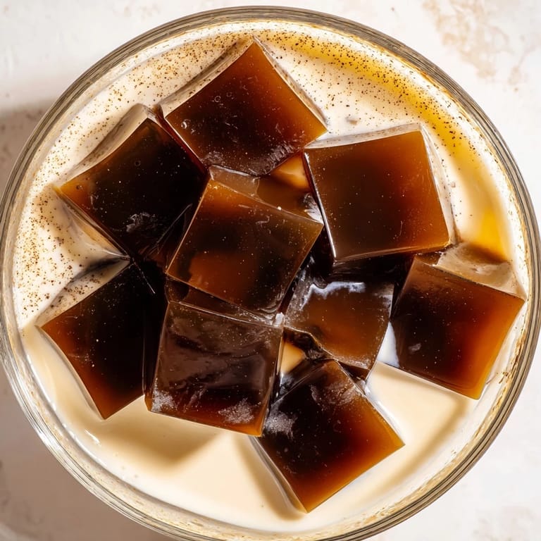 Spoon-ready Coffee Jelly Dessert served in a vintage bowl, showcasing the glossy texture of the jelly contrasting with the smooth, velvety cream.