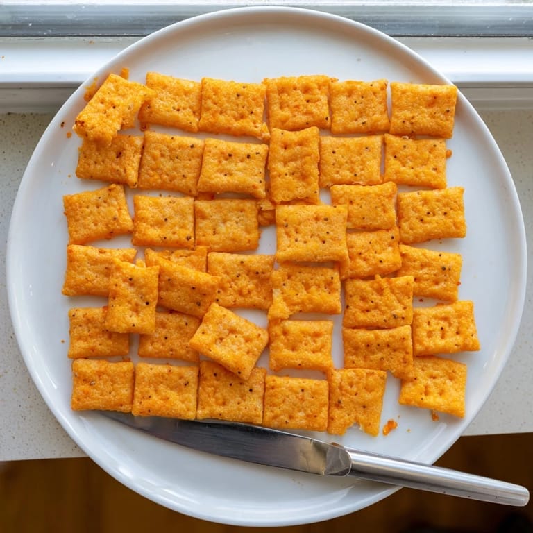 Close-up of golden-brown Crispy Cheeto Cheese Crackers on a wire cooling rack, ready to serve.
