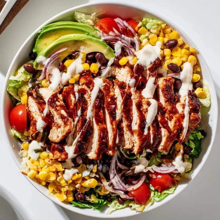 Flavorful BBQ Chicken Salad with smoky chicken, crisp romaine, corn, and black beans topped with a creamy, tangy ranch dressing.