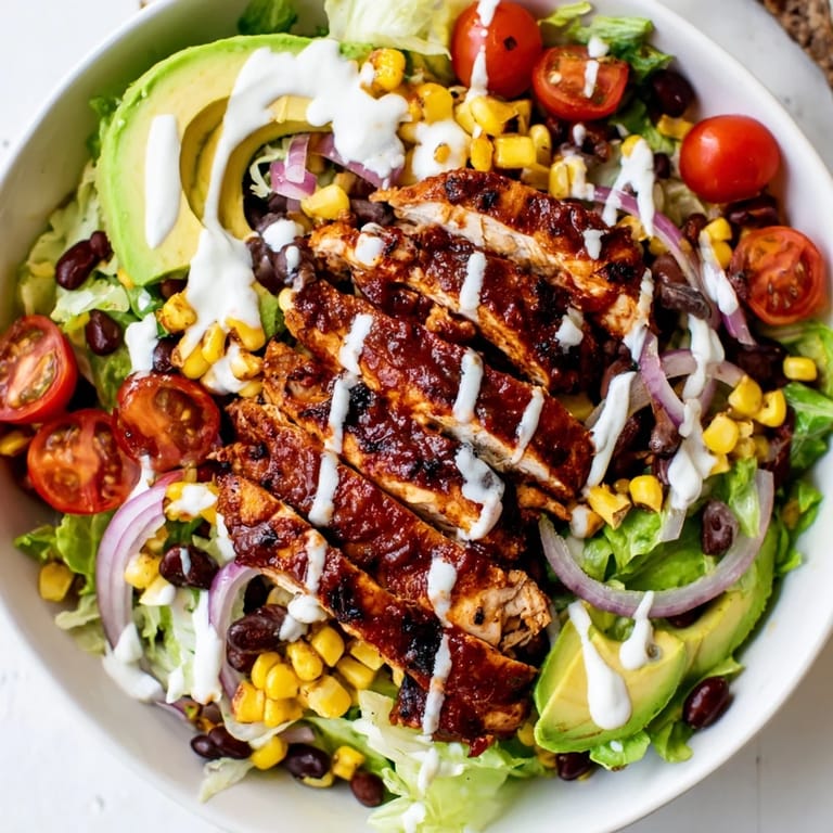 A hearty BBQ Chicken Salad features tender grilled chicken, creamy avocado slices, and a zesty ranch drizzle perfect for summer dinners.  