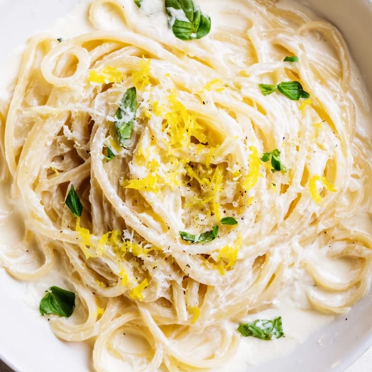 A close-up of vibrant lemon ricotta pasta in a white bowl garnished with basil and lemon zest, ready to serve.  