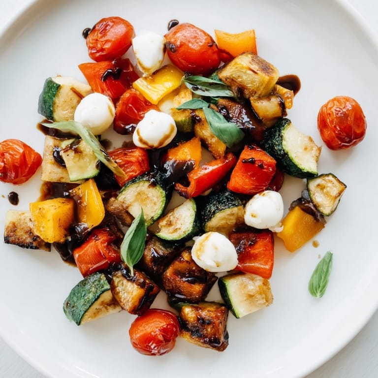 A close-up view shows fresh torn basil leaves and a glossy balsamic drizzle over the colorful, caramelized vegetables and mozzarella.