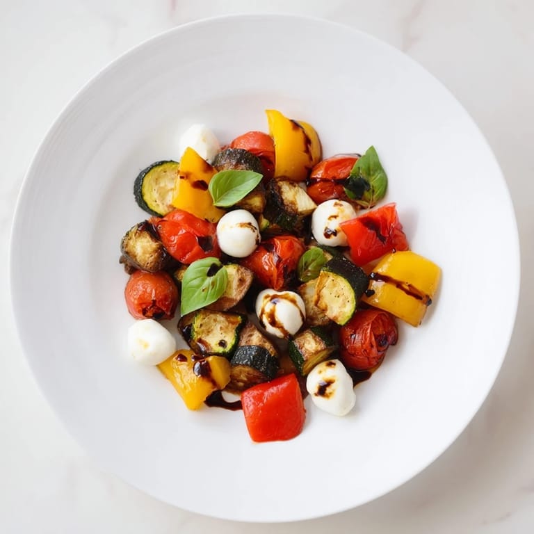 This Roasted Veggie Caprese Salad is served on a rustic platter, perfect as a light vegetarian lunch or a colorful side dish.