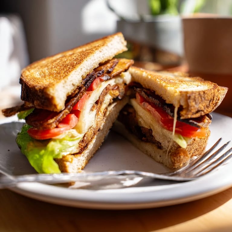 Close-up of a toasted vegan sandwich with layers of tempeh bacon, vibrant tomato, and lettuce, showcasing the melted cheese inside.