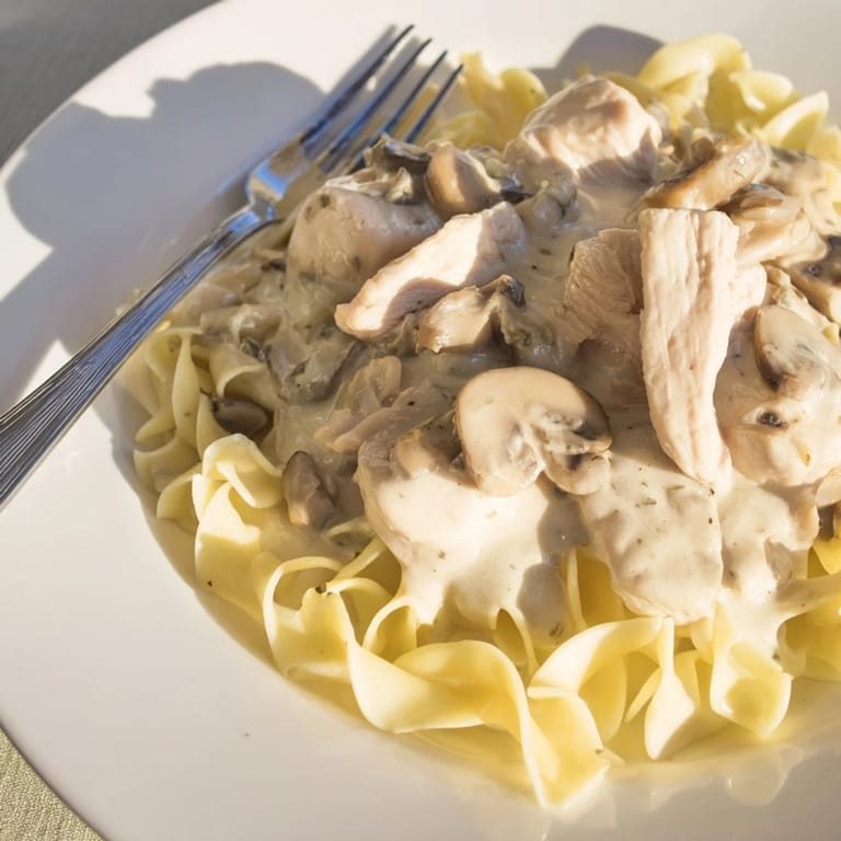 A close-up of rich Chicken and Mushroom Stroganoff featuring juicy chicken, sautéed mushrooms, and a velvety sour cream sauce served atop steamed egg noodles.