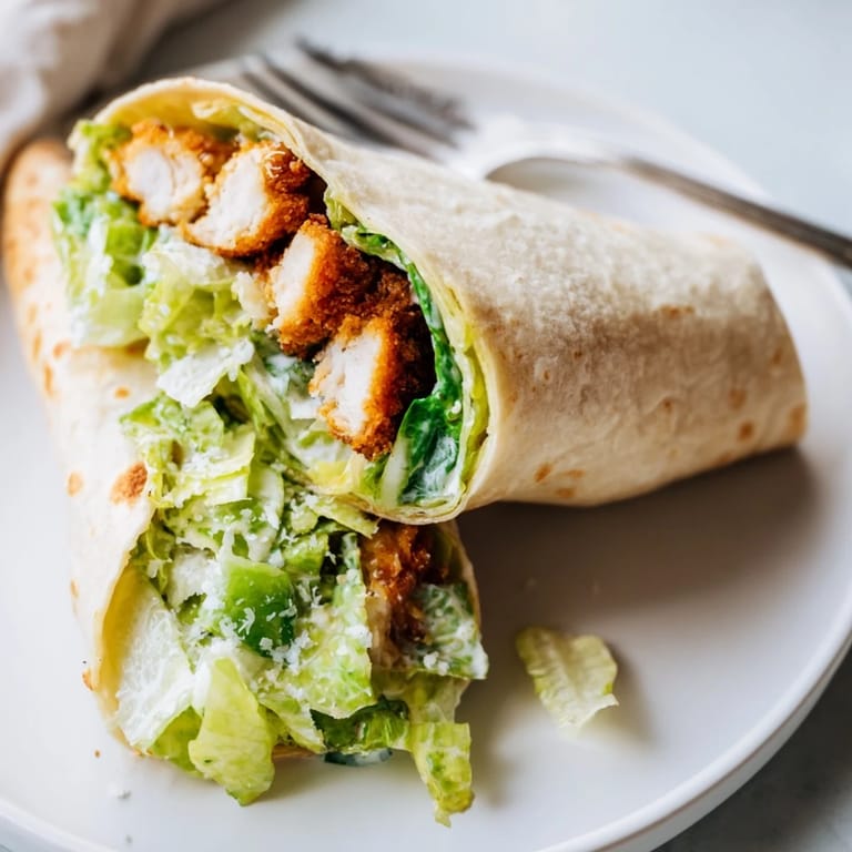 A handheld Crispy Chicken Caesar Wrap with golden fried chicken, crunchy romaine, and Parmesan, drizzled with creamy Caesar dressing.