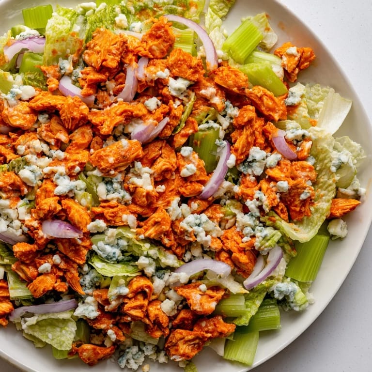 A close-up of Buffalo Chicken Chopped Salad with celery, red onion, and creamy dressing drizzled over the top.