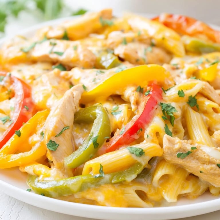 Fajita Chicken Pasta Skillet served hot with melted cheddar and mozzarella, ready to enjoy.