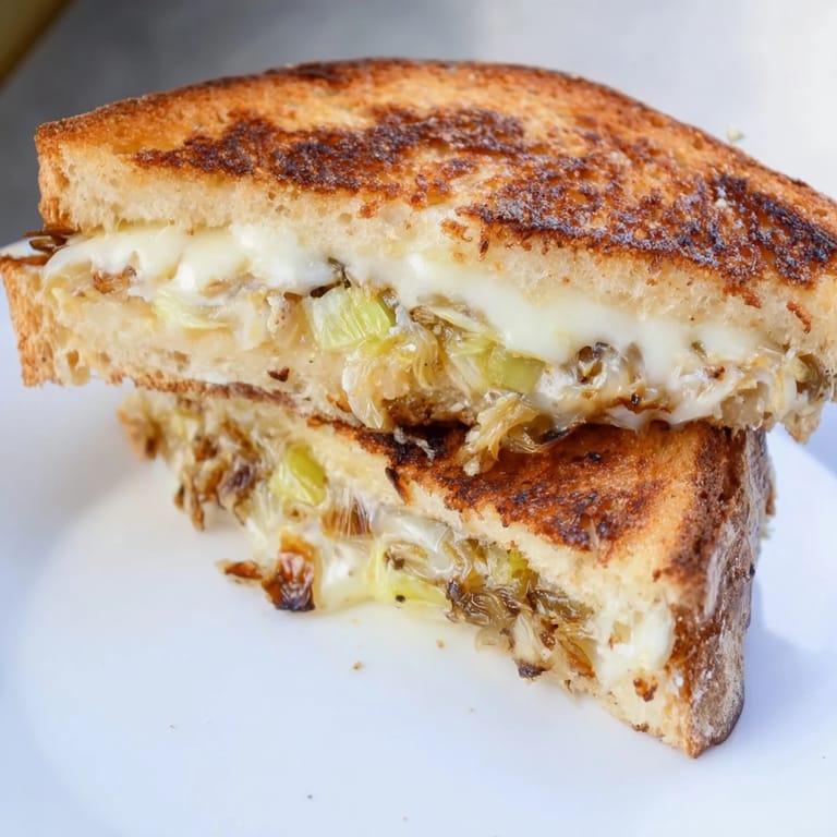 Havarti & Caramelized Leek Grilled Cheese with crispy sourdough crust and buttery, sweet onions peeking out.