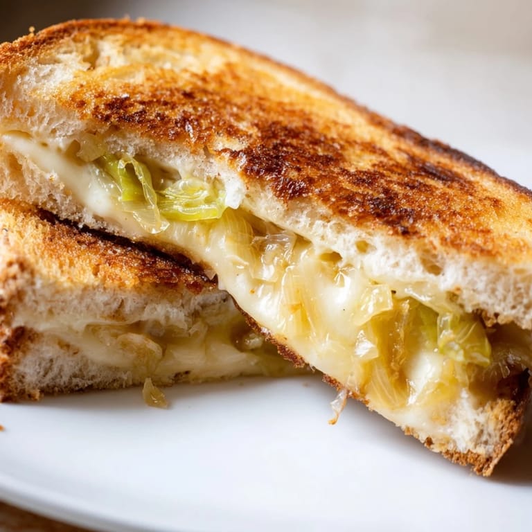 Close-up of a warm Havarti & Caramelized Leek Grilled Cheese, showing gooey Havarti and rich, caramelized leeks.