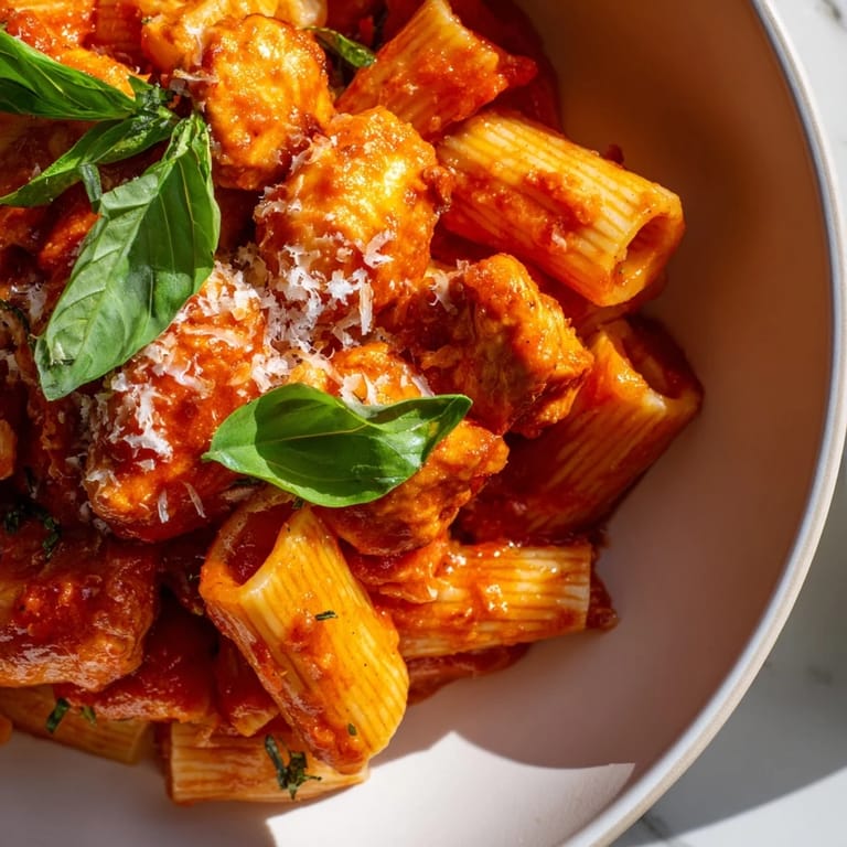Vibrant red sauce coats al dente penne noodles, garnished with fresh basil leaves and a generous sprinkle of Parmesan cheese for a classic Italian-American meal.