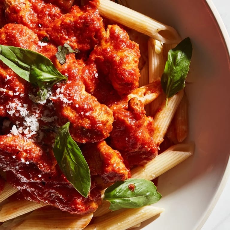 A close-up of juicy chicken chunks and diced tomatoes in a rich basil sauce, perfectly tossed with short pasta for a quick and satisfying dinner.