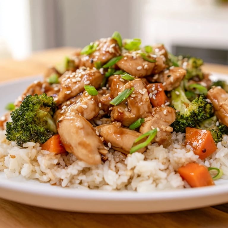 One Pan Honey Garlic Chicken Broccoli Rice steams aromatically in a deep skillet, garnished with green onions and sesame seeds.
