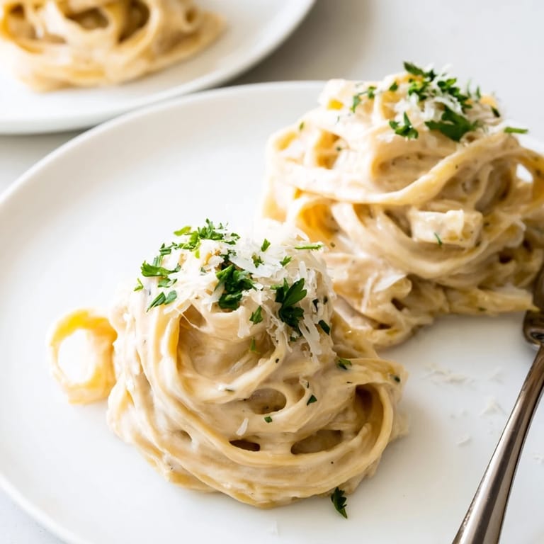 Steaming Easy Creamy Cauliflower Alfredo pasta twirls on a fork with garlic and onion blended sauce.