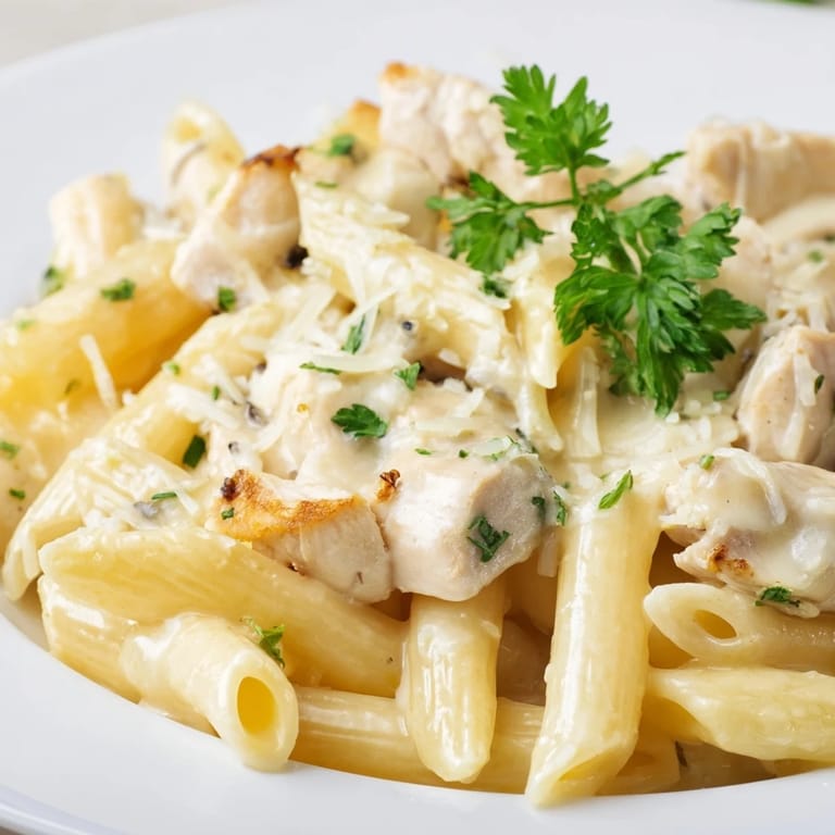 Enjoy Roasted Garlic Chicken Penne, a rich and aromatic Italian-American dish perfect for a satisfying weeknight dinner.