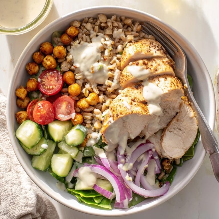 Colorful Lemon Tahini Chicken Power Bowl with greens, tomatoes, cucumber, and golden farro, served in a rustic ceramic bowl.