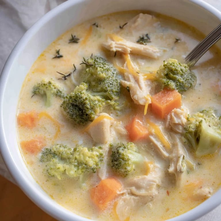 Comforting American chicken broccoli cheddar soup served with crusty bread, perfect for chilly weeknight dinners.