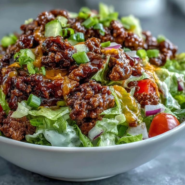Gluten-free Easy Big Mac in a Bowl with colorful vegetables and special sauce on a plate, perfect for a quick low-carb weeknight dinner.  