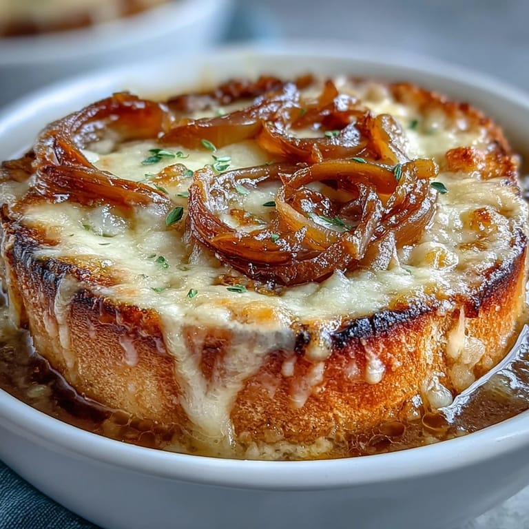 The Classic French Onion Soup rests under a perfectly broiled, golden-brown crust of Gruyère cheese, with chunks of toasted bread floating on the savory broth beside sprigs of fresh thyme.