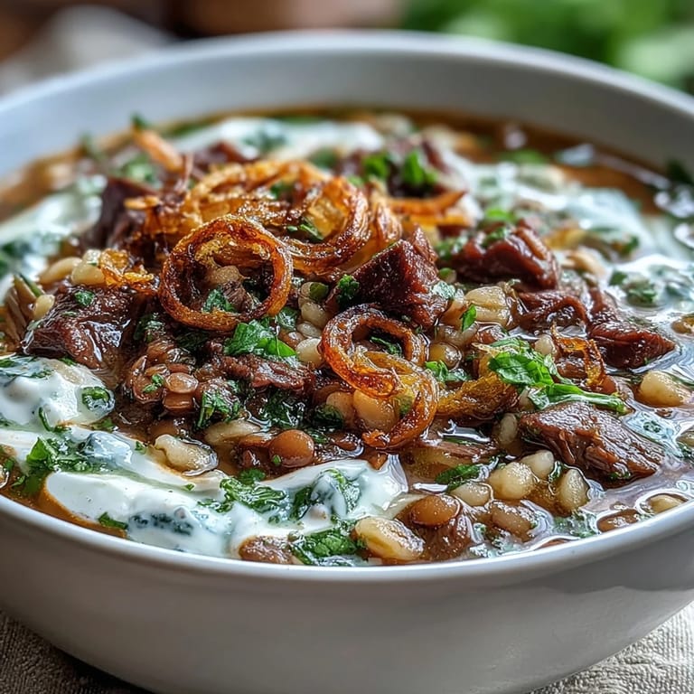 A ladle of rich Beef Barley Soup reveals tender beef, pearl barley, and vibrant herbs in a savory broth.