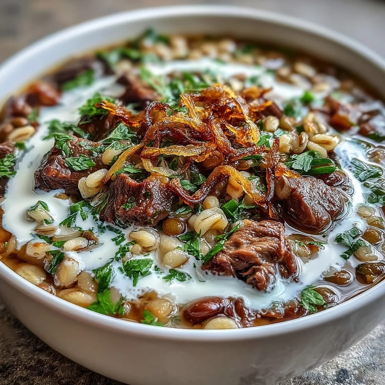Close-up of hearty Persian-inspired Beef Barley Soup garnished with fresh herbs and mint-fried onions in a ceramic bowl.