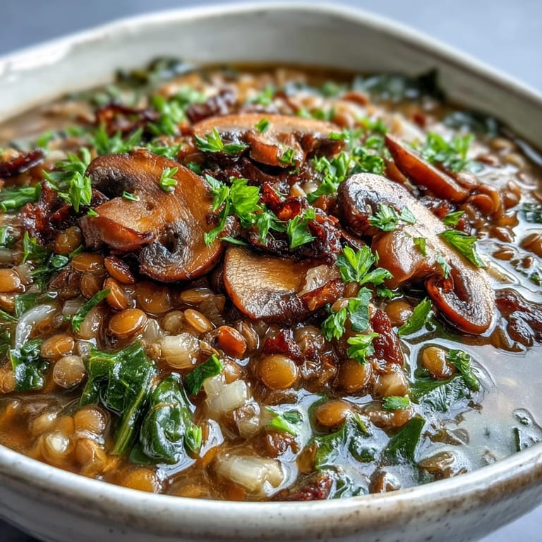 A hearty Double Lentil and Mushroom Barley Soup ladle shows red lentils, barley, and diced carrots.