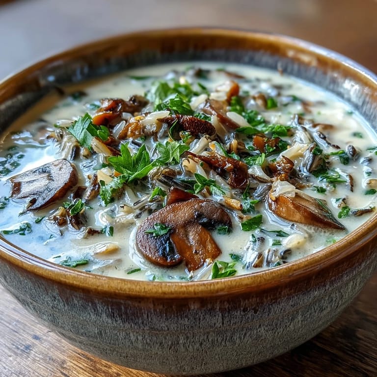 A hearty bowl of Wild Rice Mushroom Soup topped with fresh parsley, ready for a cozy dinner.