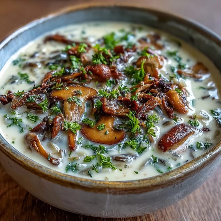Hearty Wild Rice Mushroom Soup with sautéed mushrooms and wild rice in a rustic, inviting setting.