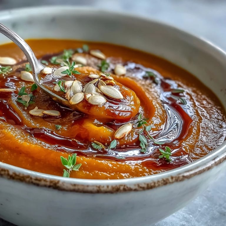 Golden-roasted Butternut Squash Soup in a white bowl, topped with pumpkin seeds and a maple syrup drizzle.