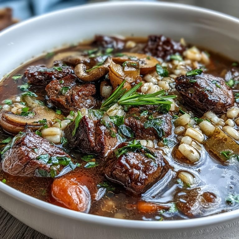 Rustic Beef and Barley Soup served hot alongside crusty bread for dipping.