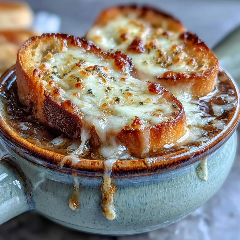 Savory French Onion Soup served in a rustic ceramic bowl, with rich beef broth, sweet caramelized onions, and crunchy, cheese-covered bread for the classic broiler finish.