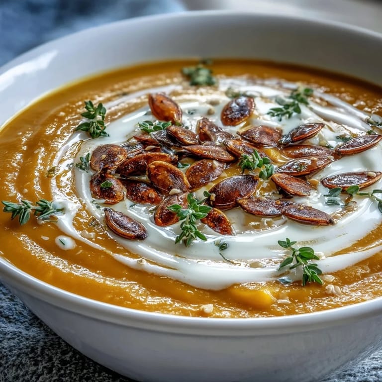 Creamy Roasted Butternut Squash Soup served hot in a rustic mug, garnished with fresh thyme for a cozy flavor.