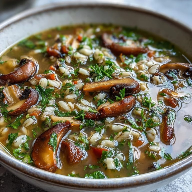 A rustic serving of mushroom barley soup in a white bowl, ready to enjoy with crusty bread.