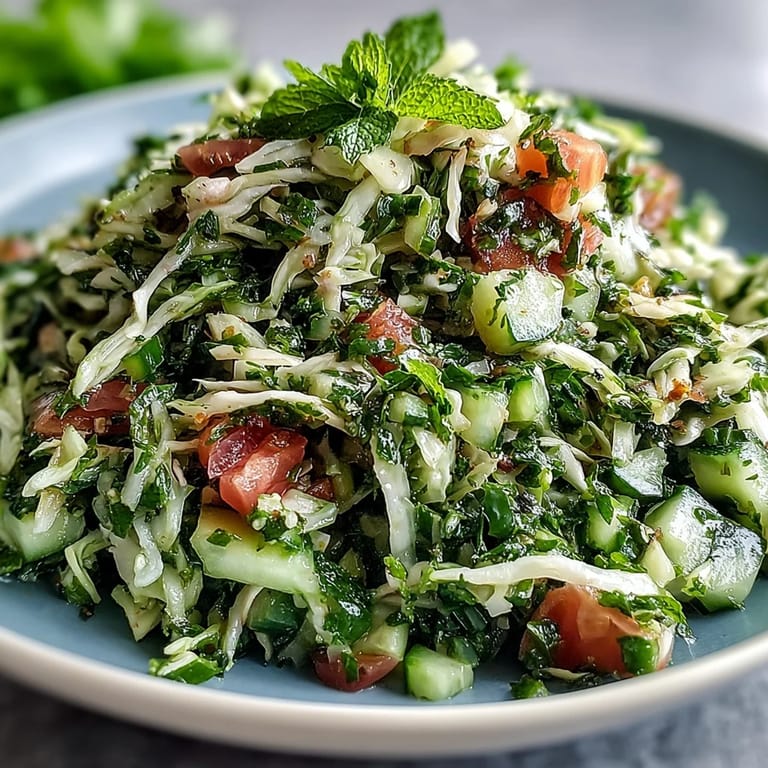 A close-up of vibrant Lebanese Cabbage Salad showing parsley, mint, and green onions, glistening with olive oil and lemon juice, served as a refreshing Mediterranean-style salad.