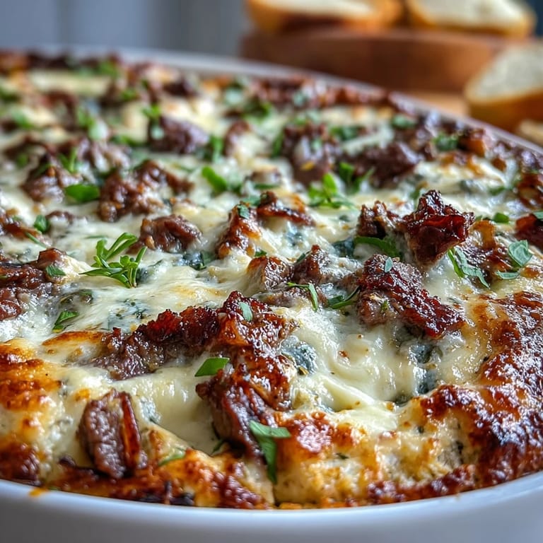 Freshly baked Philly Cheesesteak Dip in a skillet, bubbling with creamy provolone and colorful peppers, served with tortilla chips.