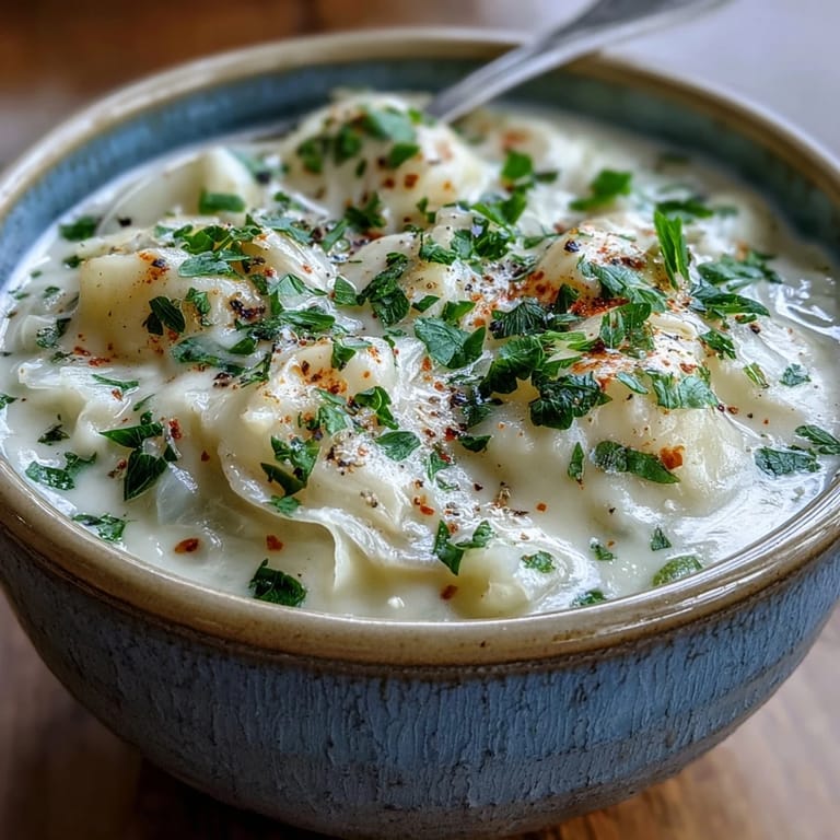 Close-up of Creamy Potato Soup with Cabbage, showing tender potatoes and shredded cabbage in a creamy, seasoned broth.