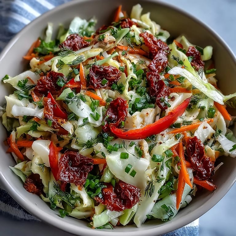 Hearty cabbage salad with sun-dried tomatoes, crisp veggies, and fresh herbs, served as a refreshing side or light lunch.