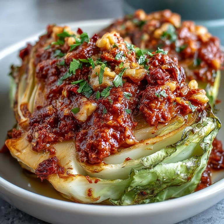 Sizzling hot Baked Cabbage Salad With Winter Romesco served on a platter with lemon wedges for squeezing.