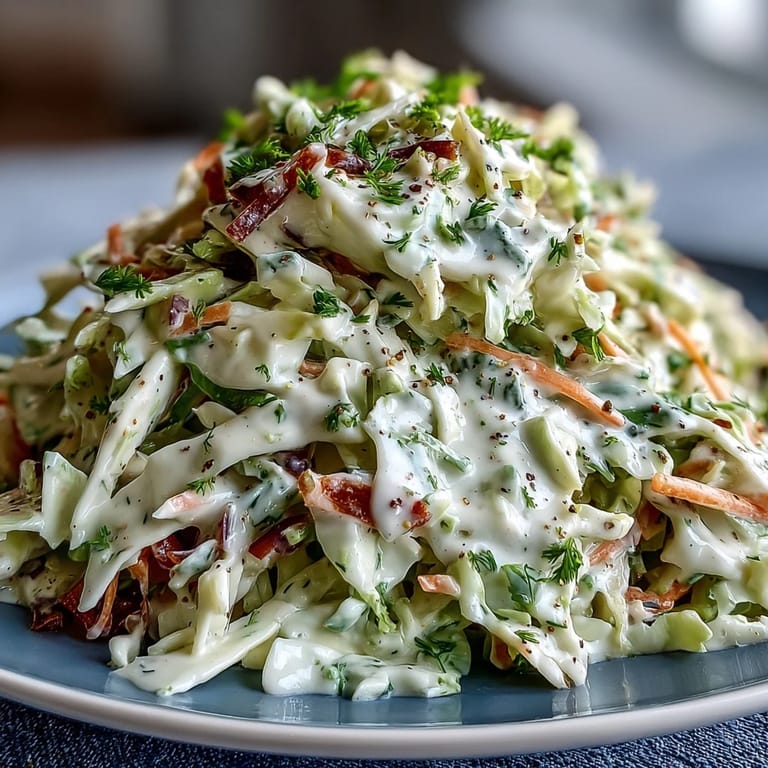 Chilled Coleslaw With Creamy Dressing featuring crisp shredded cabbage and carrots tossed in a tangy dressing, ready for a summer barbecue plate.