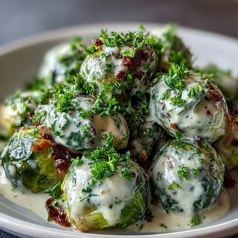In a skillet, tender Brussels sprouts are enveloped in a rich, creamy mustard sauce with onions and garlic for a flavorful German-inspired dinner.