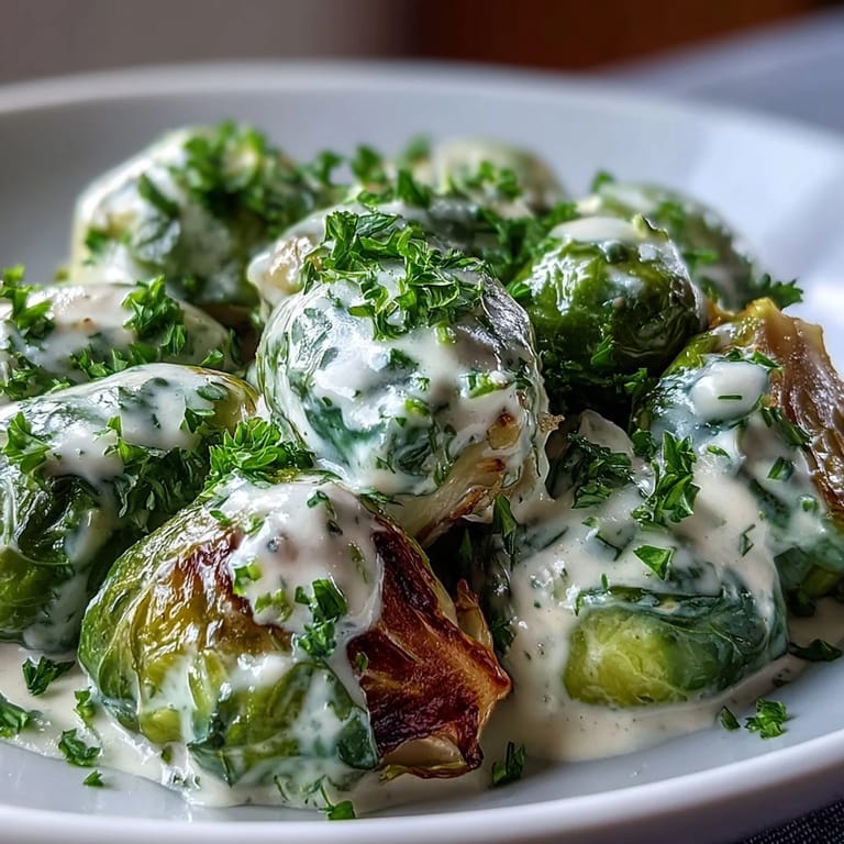 Freshly cooked Brussels sprouts are coated in a velvety cream cheese-Dijon mustard sauce, ready to be enjoyed as a creamy vegetarian side dish.
