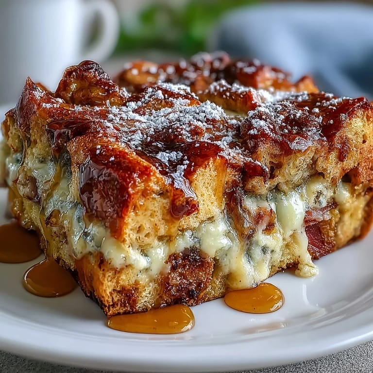 Serving Monte Cristo Breakfast Casserole on a white plate with a pitcher of maple syrup in the background.