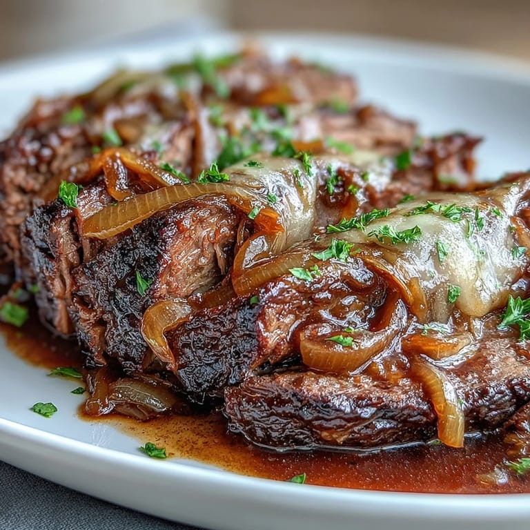 Slow-cooker Savory Crock Pot French Onion Pot Roast topped with gooey cheese and fresh parsley.