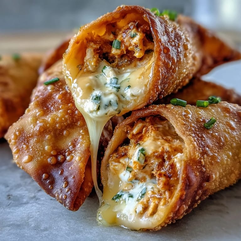 Oven-baked Buffalo Chicken Dip Egg Rolls with melted cheddar and buffalo sauce, presented on a platter with dipping sauce.
