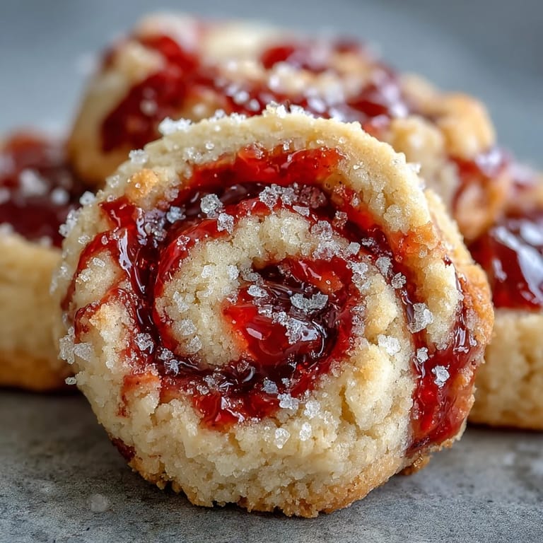 Close-up of Raspberry Swirl Shortbread Cookies highlighting the jam swirls and crumbly texture on a rustic wooden table.