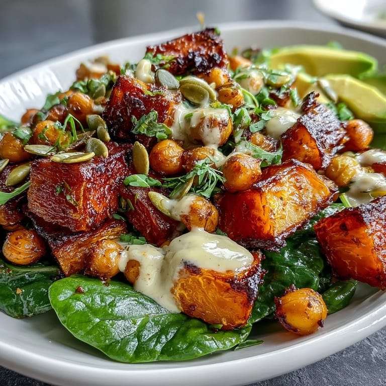 Brightly colored Roasted Sweet Potato and Chickpea Bowl topped with sliced avocado, pumpkin seeds, and fresh cilantro on a white plate.